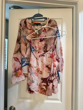Floral Sheer V-Neck Blouse - Pink Multi